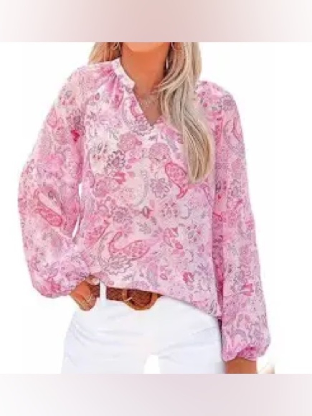 Shewin Pink Paisley V-Neck Long Sleeve Top
